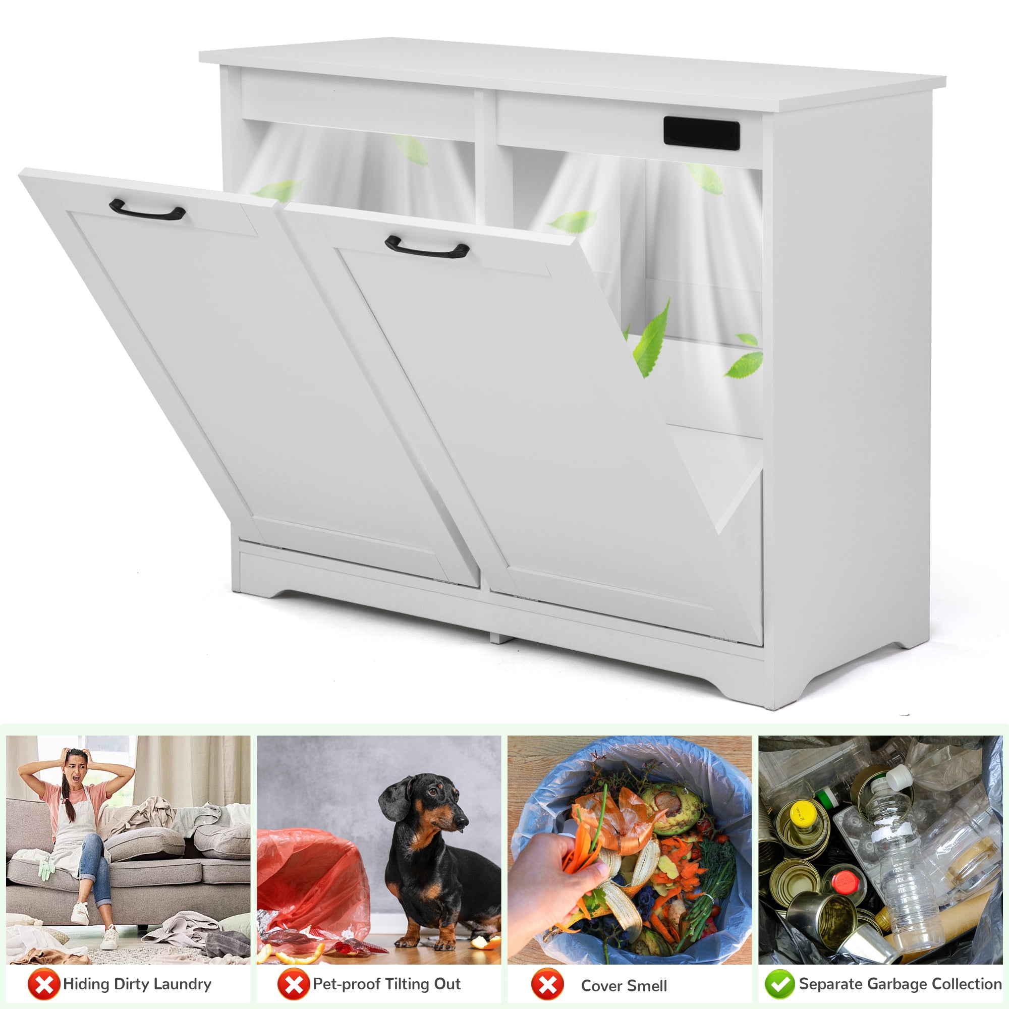 Jaxpety Double Tilt Out Trash Can Cabinet with Deodorizing Function, 20 Gallon Wooden Kitchen Garbage Can Freestanding Holder, White