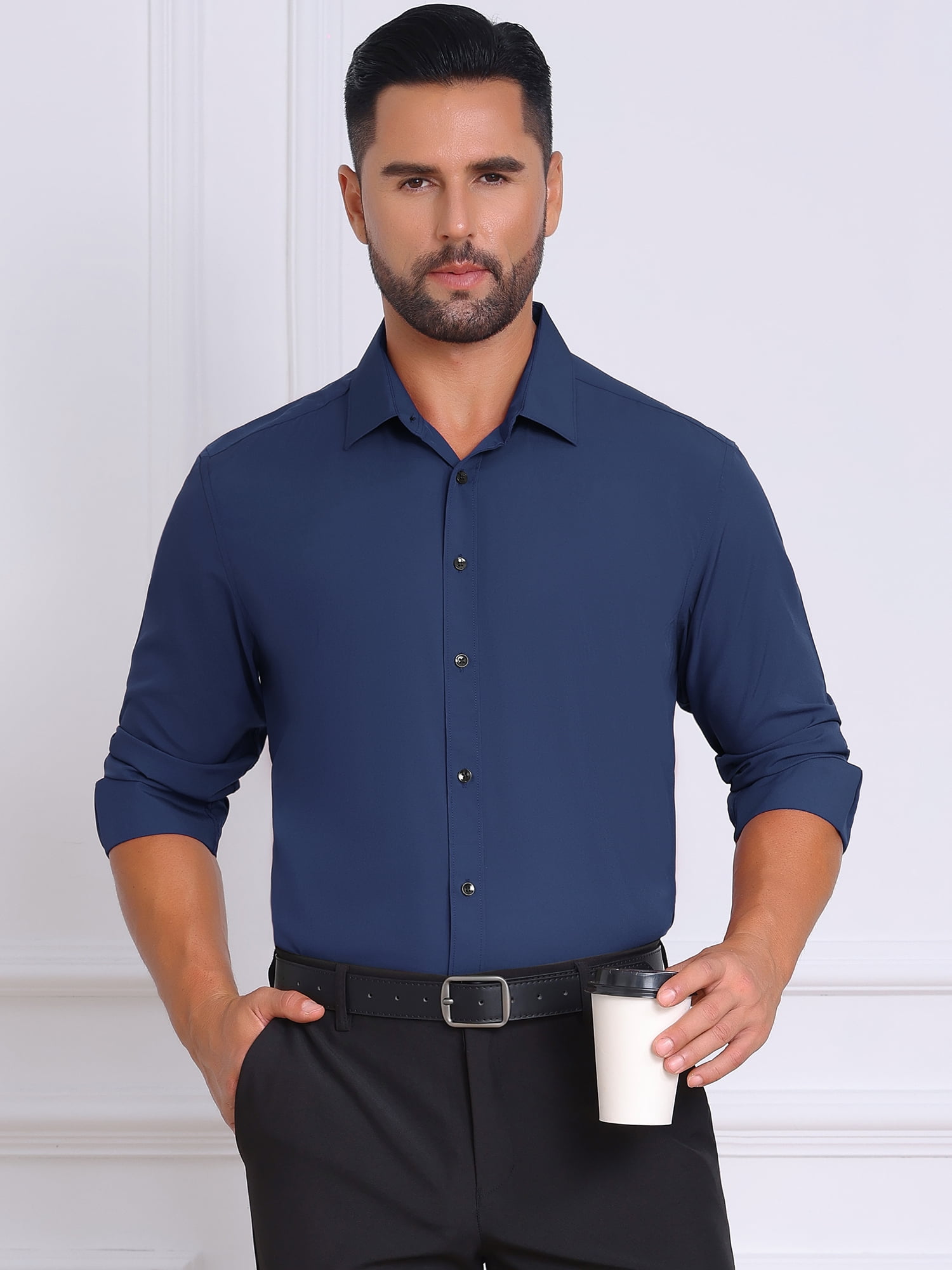 DARING DIVA Men's Solid Color Button Down Long Sleeves Stretch Shirts L Navy Blue