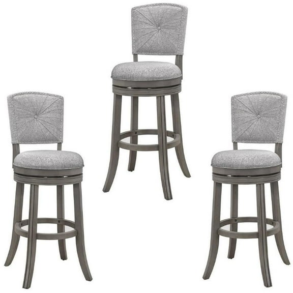 Home Square 3 Piece Upholstered Swivel Wood Bar Stool Set in Antique Gray