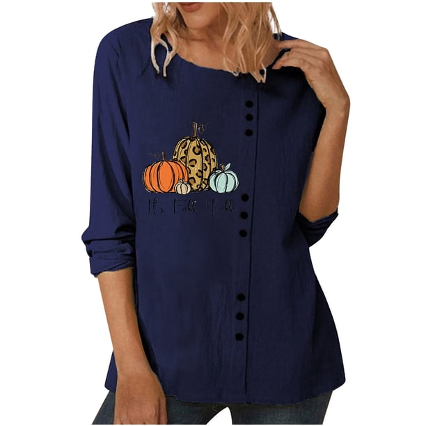 Blusa de manga larga con estampado de cuello redondo informal para mujer a la moda, Tops con botones de otoño Fridja bvmnju504