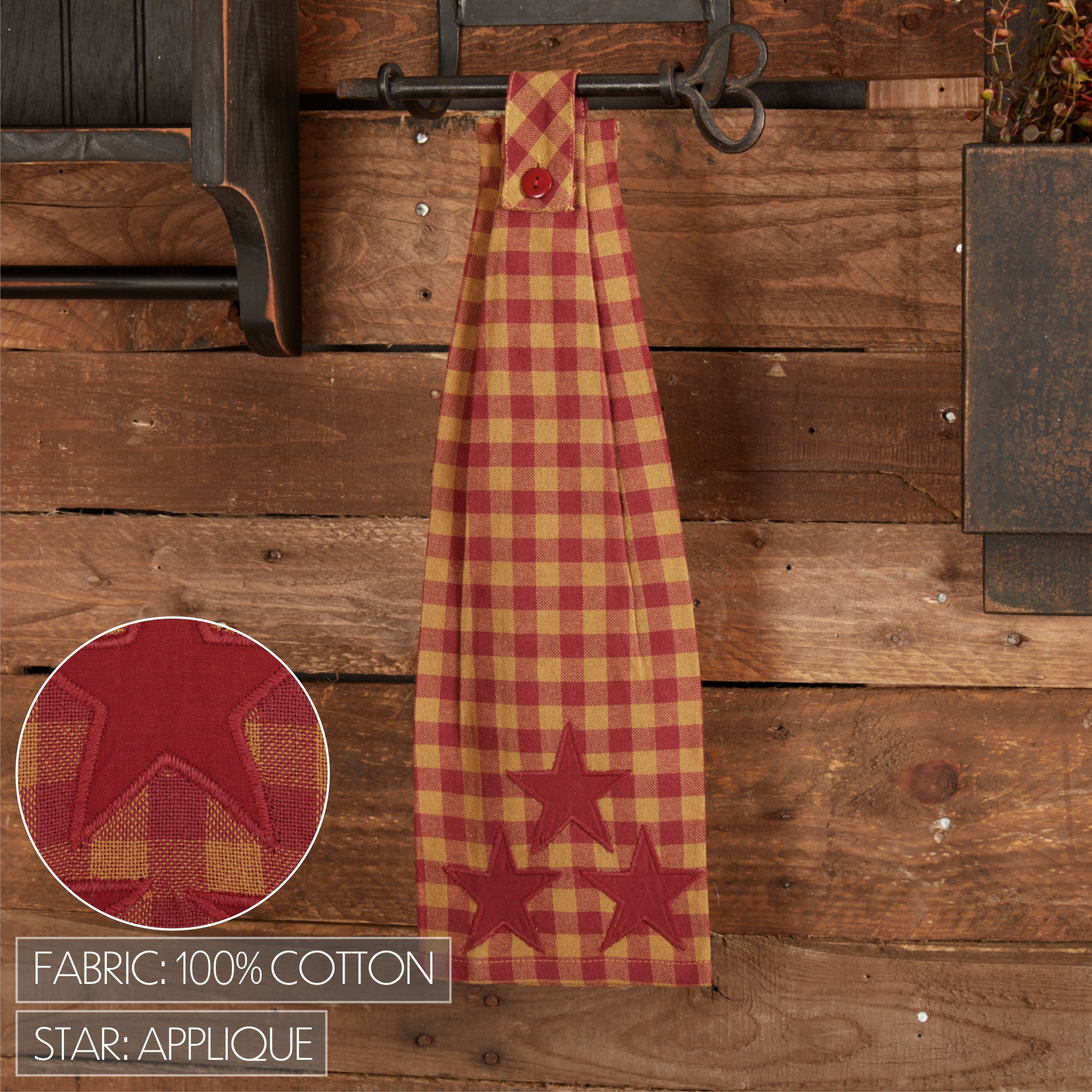 VHC Brands Star Cotton Primitive Tabletop Fabric Loop Appliqued Kitchen Towel, King, Burgundy Red