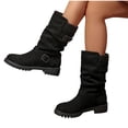 thumbnail image 4 of Women Buckle Strap Ruched Mid Calf Boots Faux Suede Solid Color Round Toe Block Mid Heel Winter Casual Boots Indoor Outdoor Daily Wear US Size 5 To 9 Black, 4 of 8