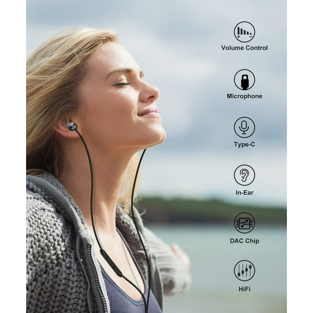Casque USB C, écouteurs filaires avec microphone et contrôle du volume pour  Samsung S23 S21 S20 S22 A53, DAC Type C Écouteurs intra-auriculaires HiFi