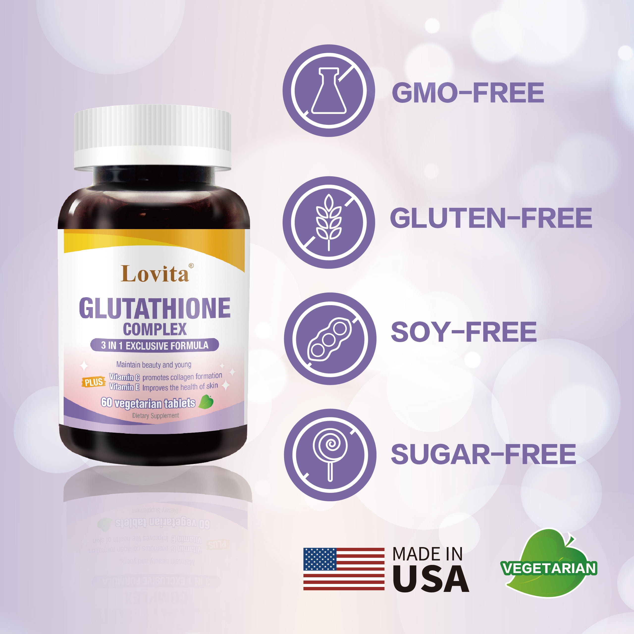 LOVITA Glutathione Complex 500mg for Radiant Skin & Immunity Support | 99.8% Purity with Vitamin C, Selenium & E, Vegan, Non-GMO, Gluten-Free 60 Vegetarian Tablets