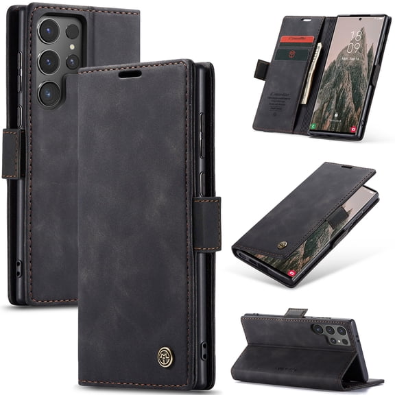Dteck Case for Samsung Galaxy S24 Ultra,Vintage Leather Magnetic Wallet Case Card Slot TPU Shockproof Kickstand Full Body Protective Cover for Galaxy S24 Ultra,Black