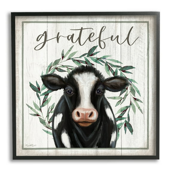 Stupell Industries Grateful Phrase Cow Holiday Painting Black Framed Art Print Wall Art, 12 x 12