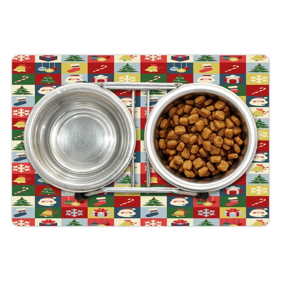 Christmas Pet Mat for Food and Water, Xmas Theme Santa Claus Surprise Boxes Cones Jingle Bells Tree Ornaments in Boxes, Non-Slip Rubber Mat for Dogs and Cats, 18" X 12", by Ambesonne