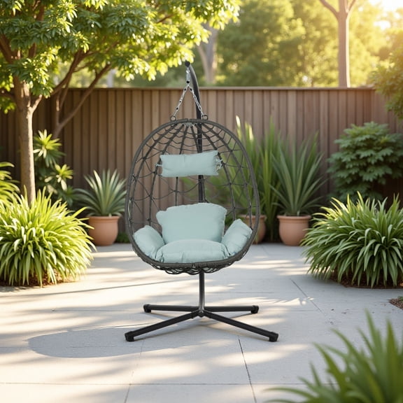 Gray Egg Hanging Chair with Stand, Indoor Outdoor Swing Chair with Thick Cushion and Headrest, Patio Wicker Basket Chair for Balcony Garden Living Room