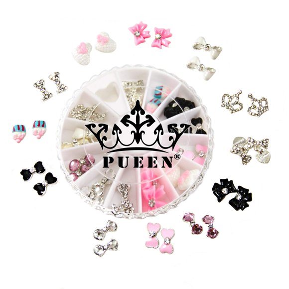 PUEEN 3D Nail Charms Rueda de 24 piezas de resina y aleación de diamantes de imitación decoración de uñas arco flor DIY para uñas y teléfonos móviles-BH000348