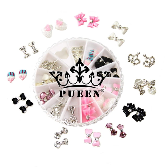 PUEEN 3D Nail Charms Rueda de 24 piezas de resina y aleación de diamantes de imitación decoración de uñas arco flor DIY para uñas y teléfonos móviles-BH000348