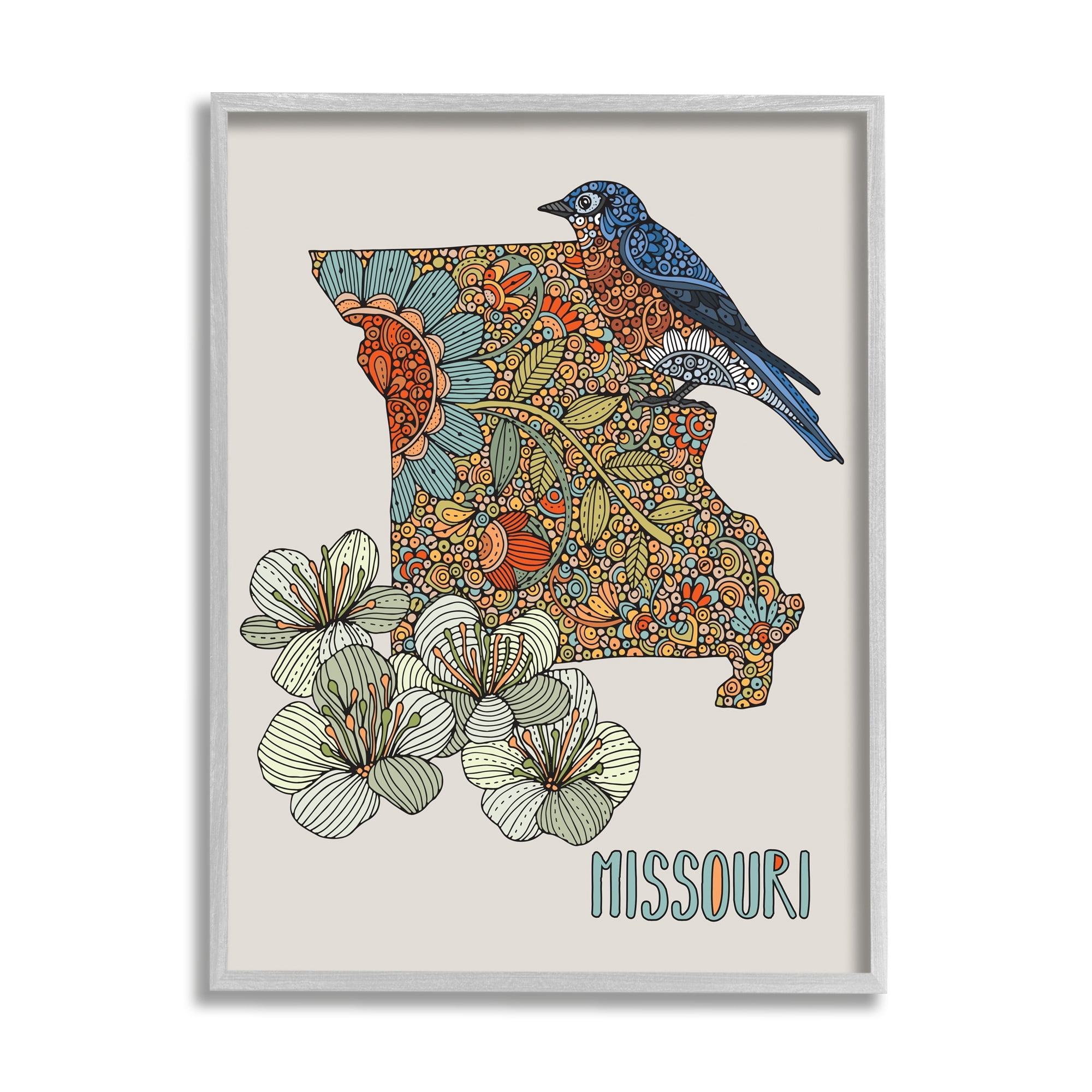Stupell Industries Missouri Bluebird State Flower Blossoms Intricate Patterns Graphic Art Gray Framed Art Print Wall Art, Design by Valentina Harper