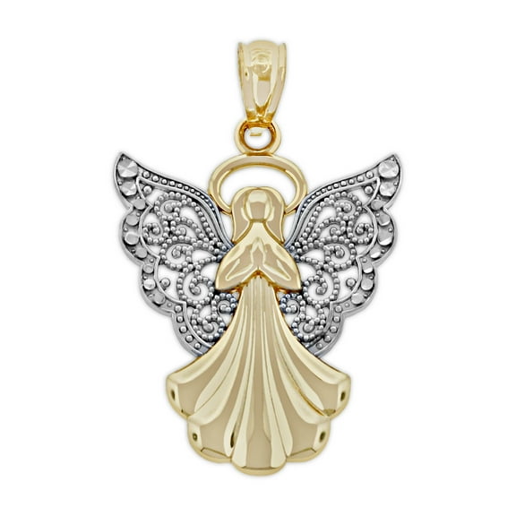 Charm America - Gold Two-Tone Filigree Angel Charm - 10 Karat Solid Gold - Angel Pendant