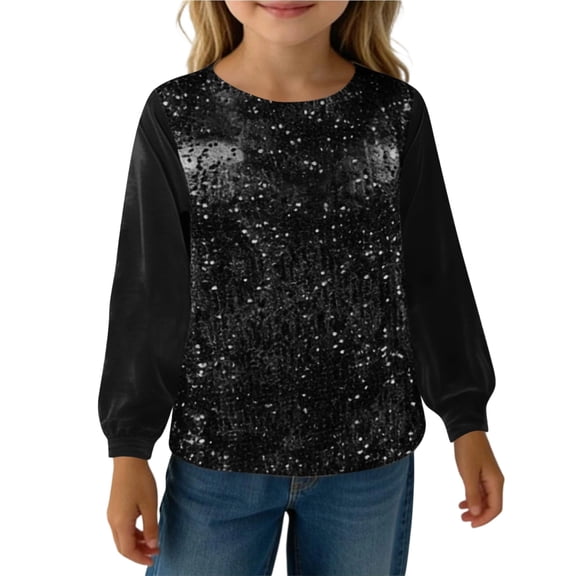 lnmuld Cute Summer Tops Shine Girls Glitter Tee Long Sleeve Round Neck Casual Blouse Loose Fit Comfortable Everyday Shirt for Toddler and Kid Color:Black,Size:130