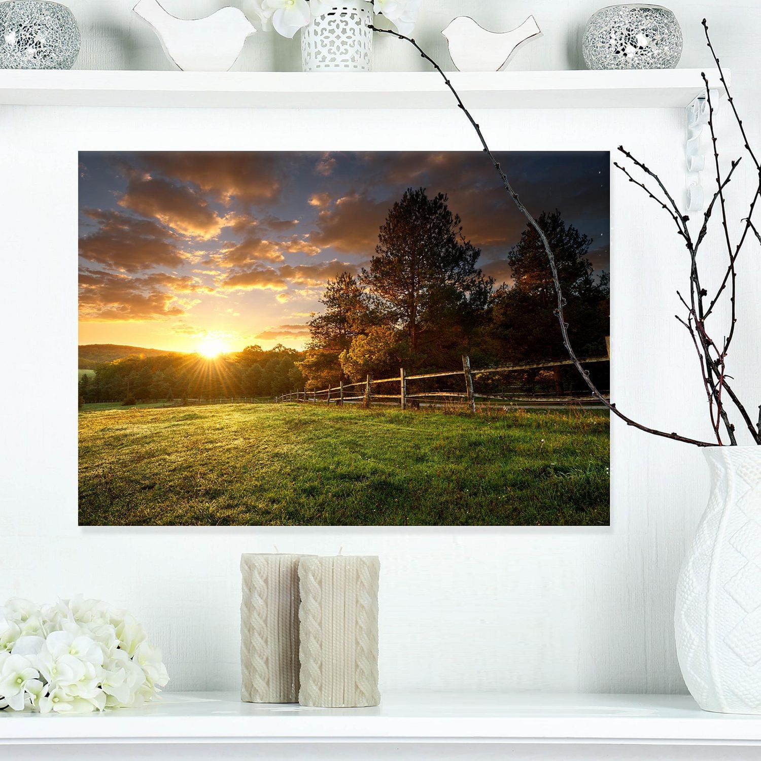 Designart Fenced Ranch at Sunrise Canvas Wall Art