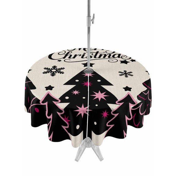 Outdoor Tablecloth with Umbrella Hole and Zipper, Christmas Tree Black Round Table Cloth 54 Inch Waterproof Tablecloth, Merry Xmas Snowflakes Rustic Vintage Picnic Table Cover for Patio Camping