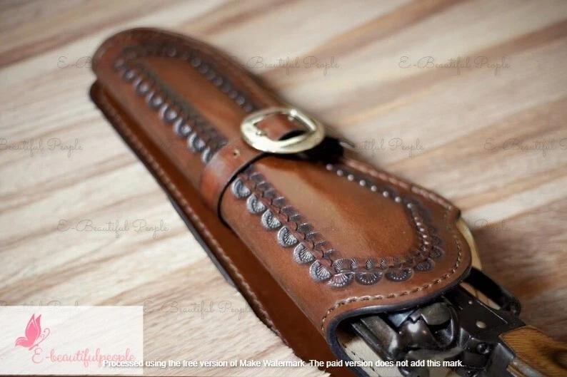 Genuine Leather Gun Holster Buckle Belt Handcrafted Revolver Cowboy Western- Barrel size :"4-5"