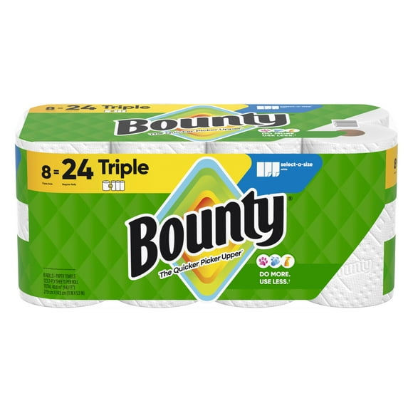 Bounty Paper Towels Select-A-Size, White, 8 Triple Rolls = 24 Regular Rolls