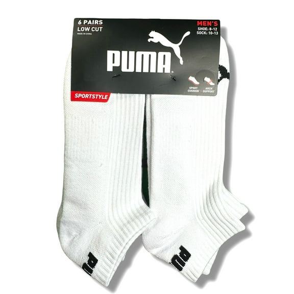 PUMA SOCKS MEN'S - LOW CUT - RIBBED 253 - WHITE - LARGE (10-13) PACK 6 XX