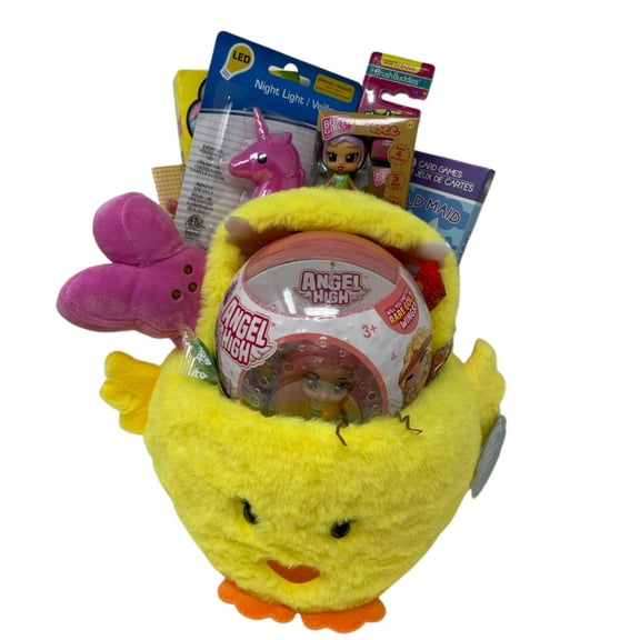 Happy Easter Yellow Basket Itty Bitty Pretty Angel High Boxy Doll LED Night Light Card Games Easter Candies Toys & Easter Plush Bucket for Kids Girls Spring Holiday Birthday Party Gift (Contents Vary)