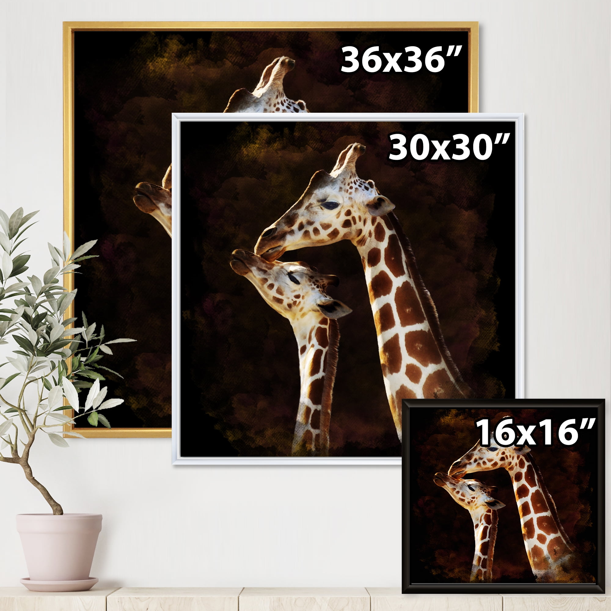 Close UP Of Two Giraffes Kissing I 16 in x 16 in Framed Painting Canvas Art Print, by Designart
