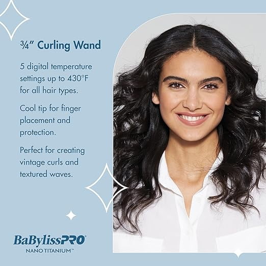 BaBylissPRO Nano Titanium ¾” Small Barrel Curling Iron, All Hair Types, 1 Count