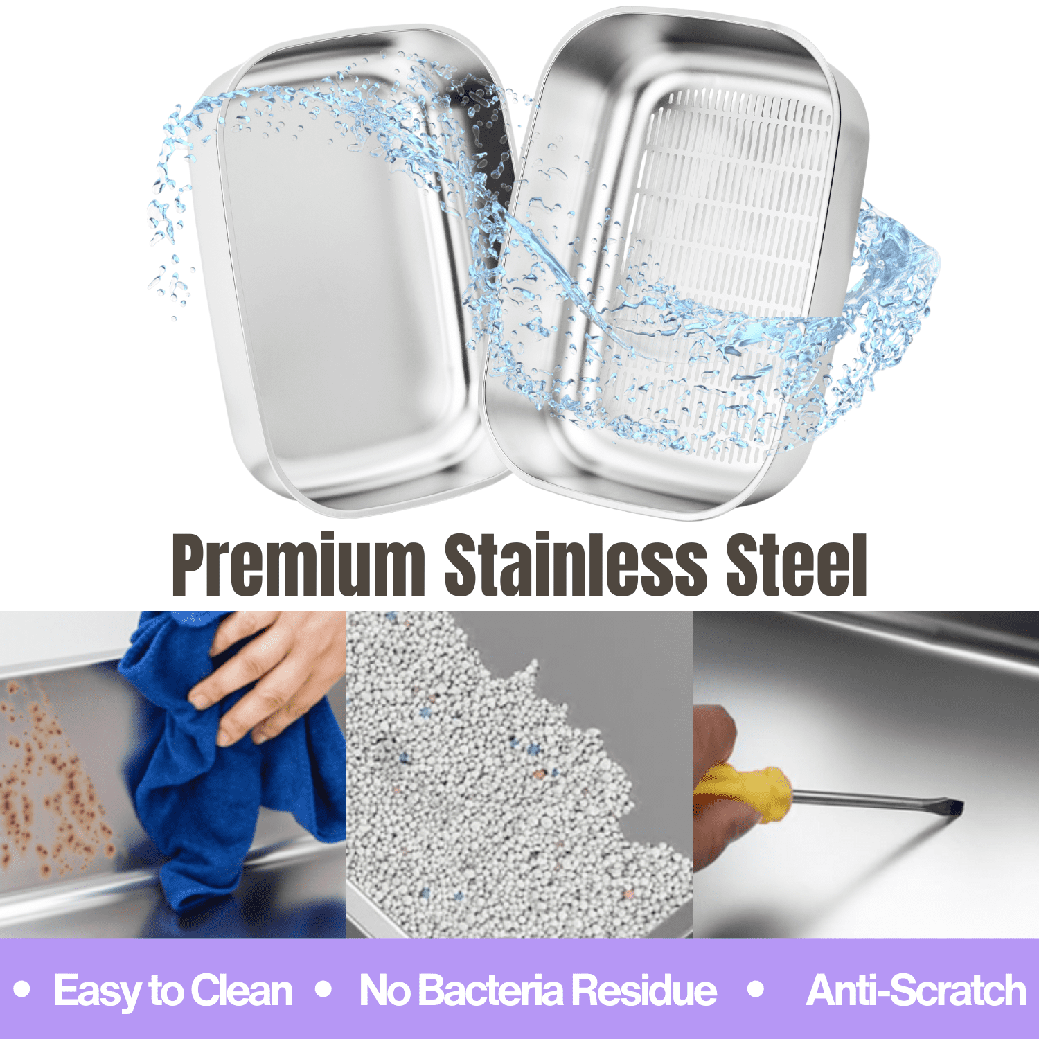 Furrbby Stainless Steel Sifting Litter Box with Lid for Big & Multi Cat, Easy Clean, with Scoop, Grey