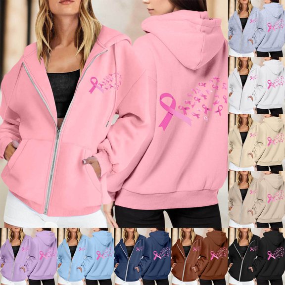 CAIXIA Cancer Hoodies for Women Trendy Zip Up Quality Soft Womens Tops Long Sleeve Plain Hooded Sweatshirts Drawstring Fall Jackets for Women with Pocket Fall Basic Clothes 2026