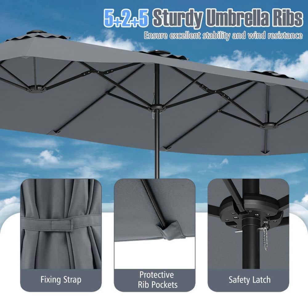 Demifill 15.5 FT Extra-Large Patio Umbrella, Outdoor Shade with LED Solar Lights and Crank Handle for Outdoor, Gray