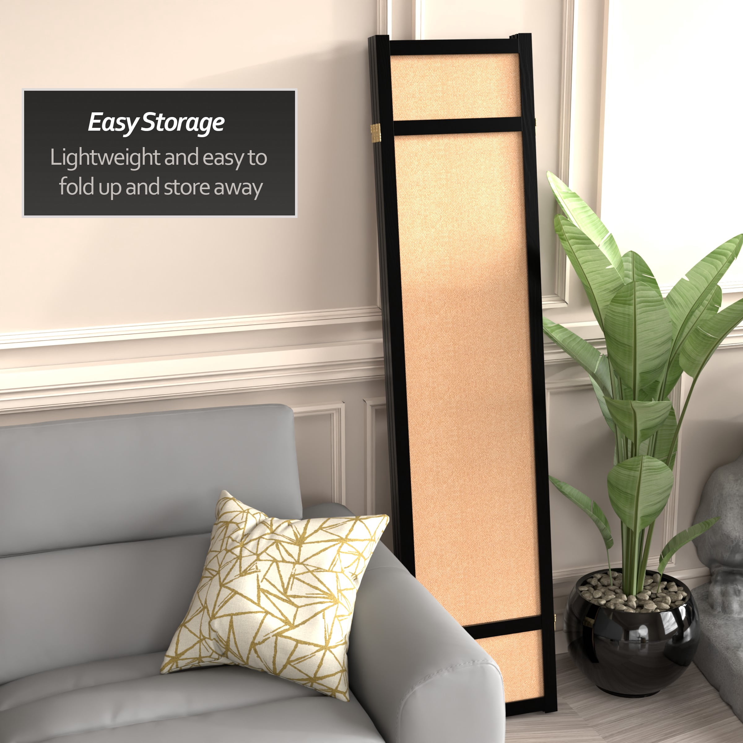6 ft. Tall Jute Shoji Screen - 3 Panel - Black