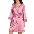 thumbnail image 2 of YANHAIGONG Silk Robes for Women Lace Sleeve Trim Short Satin Sleepwear Bride Robe 3/4 Sleeve with Oblique V-Neck Robes Bride Robe for Wedding Day Winter Pajamas For Women Clearance, 2 of 8