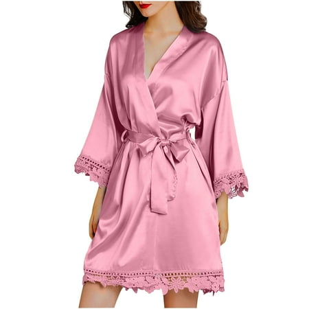 QUYUON Womens Satin Robe Silk Kimono Bathrobe Bridesmaid Wedding Bridal Party Robes Women 3/4 Sleeve Lace Trim V Neck Pajamas Short Nightgown Lingerie Sleepwear with Belted Hot Pink-C L