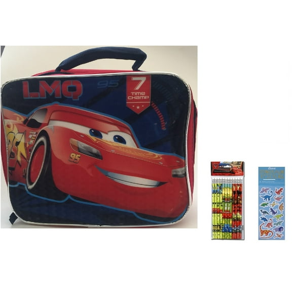 Disney Cars Lunch Bag Bundle includes 1 Lunch Bag with Zippered Closure and Handle, 12 Pencils, 1 Dinosaur Sticker Sheet