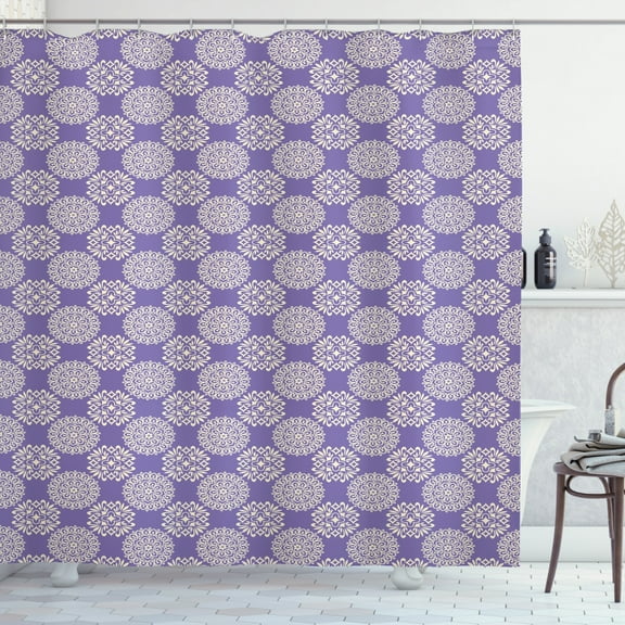 Floral Shower Curtain, Round Arabesque Ornamental Tiles with Interlaced Curvy Stems and Petals, Fabric Bathroom Set with Hooks, 69W X 70L Inches, Blue Violet and Cream, by Ambesonne