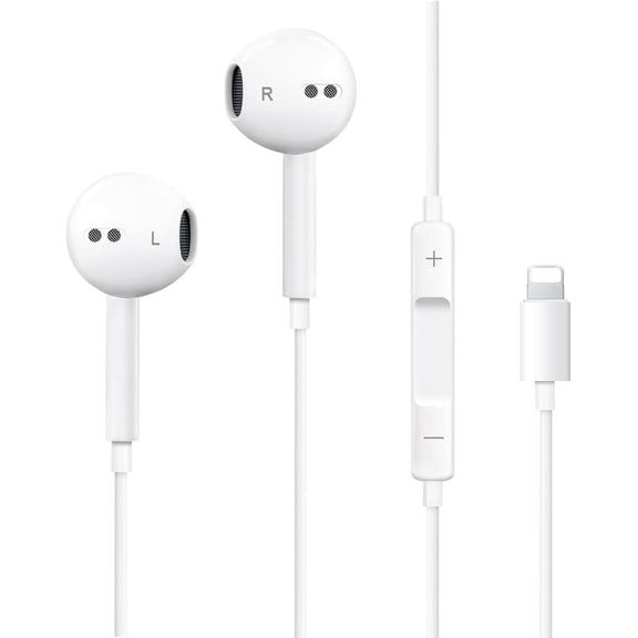 Wired Lightning Earbuds, White, Stereo Sound, Plug and Play, Compatible with iPhone 14/13/12/11/XR/XS/X/8/SE/Pro/Pro Max