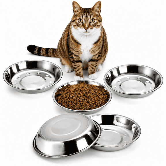 “5-Pack Stainless Steel Cat Bowls, 7.7” Shallow Pet Food & Water Dish, 16oz Whisker-Friendly Metal Bowl for Cats & Small Dogs”