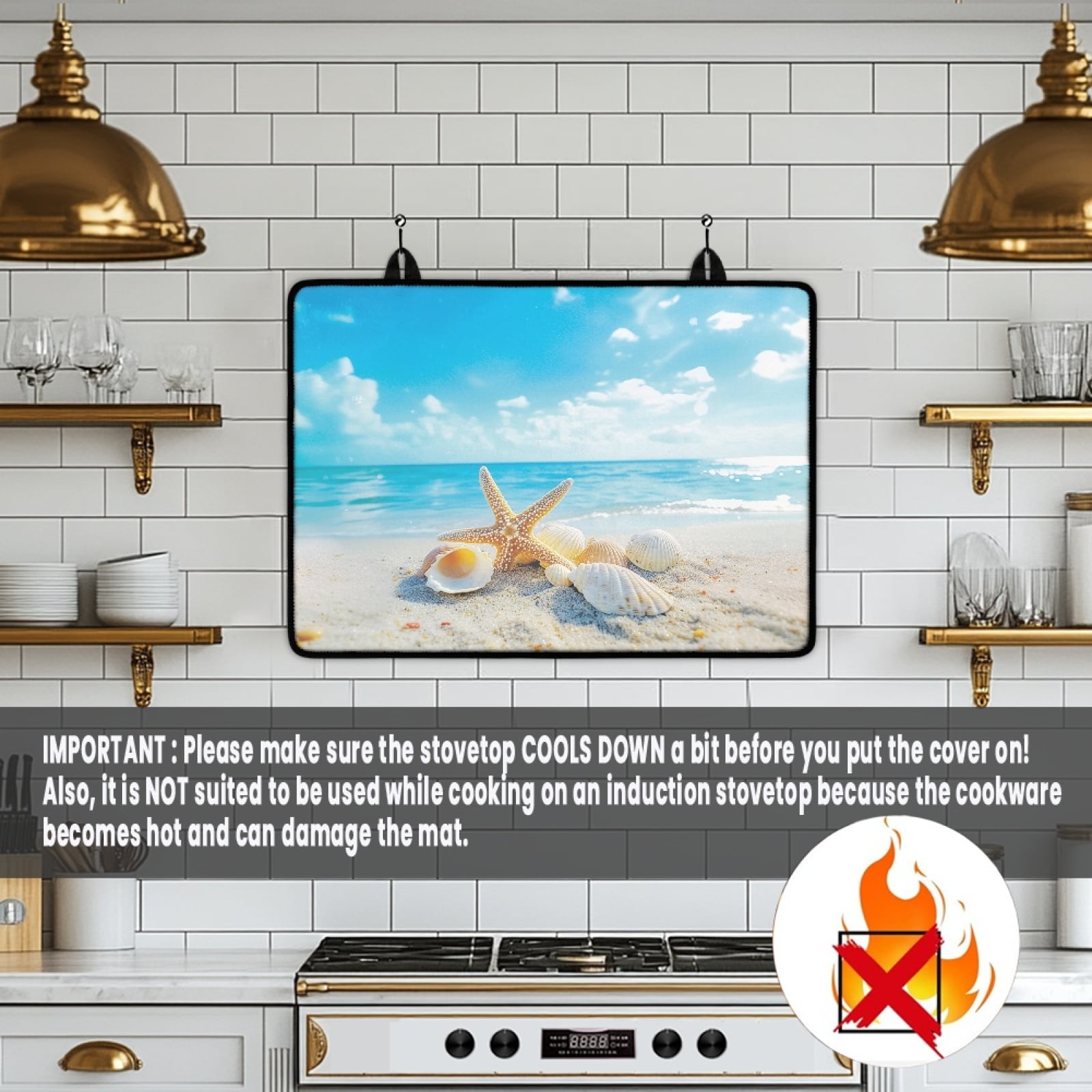 Renewold Stove Top Cover for Electric Stove, Non-skid Glass Electric Stove Top Mat, Induction Electric Stove Top Protector for Kitchen Counter Top, Beach Starfish Seashell Blue Sky