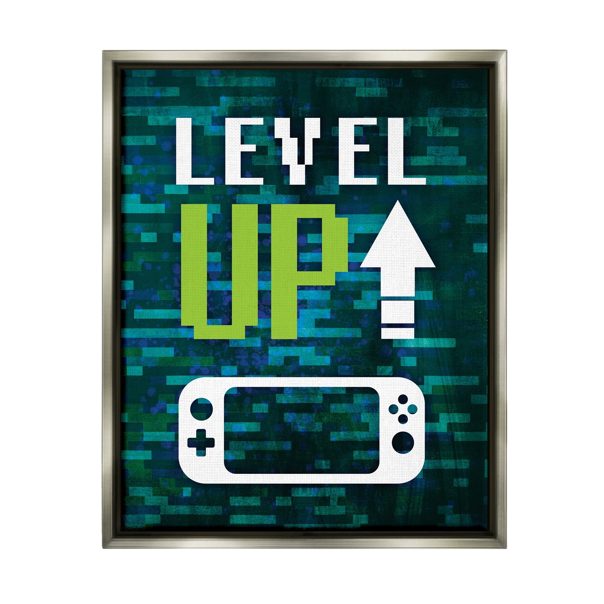 Stupell Industries Level Up Video Gaming Pixel Text Design Graphic Art Luster Gray Floating Framed Canvas Print Wall Art, Design by Victoria Barnes