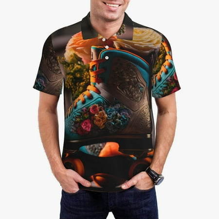 Rateoe Classic Floral Blue Skate Shoes Pattern Men s Short Sleeve Polo Shirts Golf Polo Shirts Short Sleeve Performance Moisture Wicking Dry-Large
