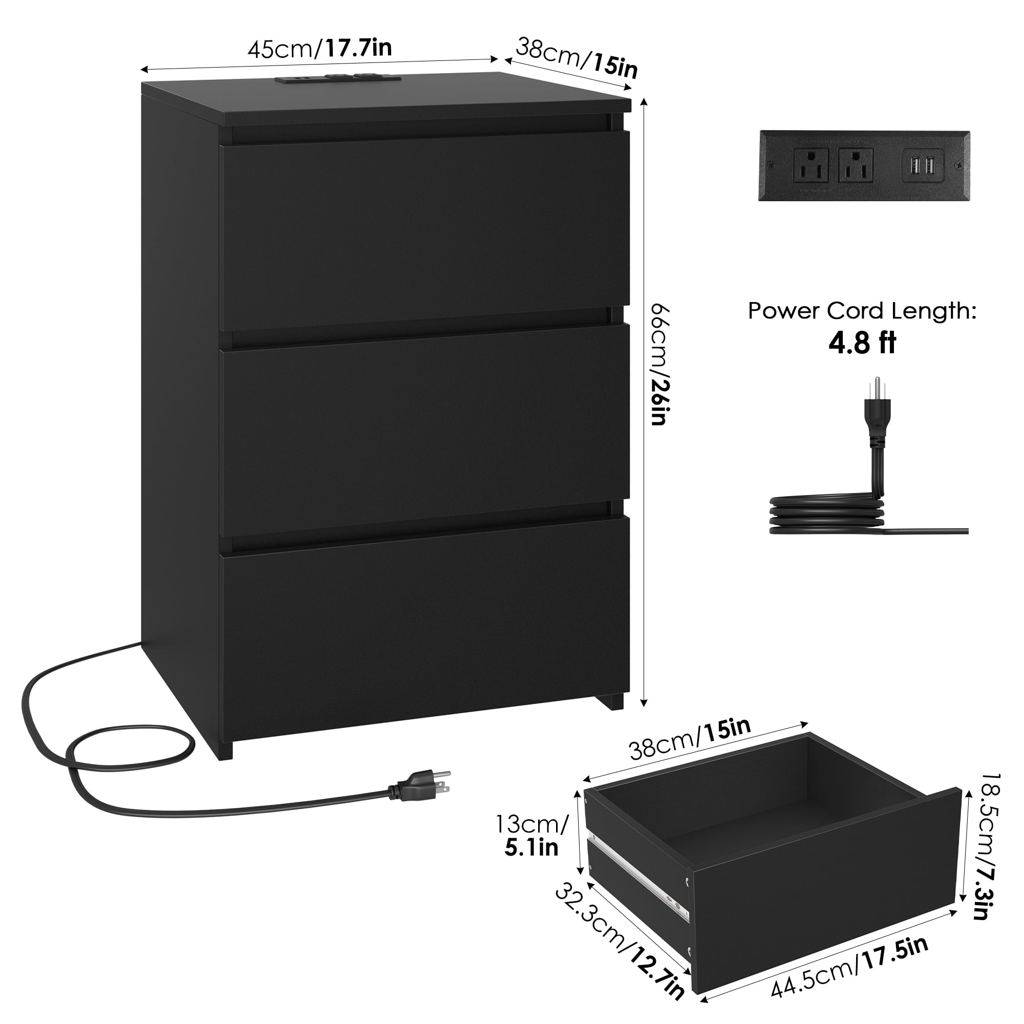 Homfa 3 Drawers Nightstand with Charging Station, Side Table with Storage for Living Room, Black Bedside Nightstand for Bedroom