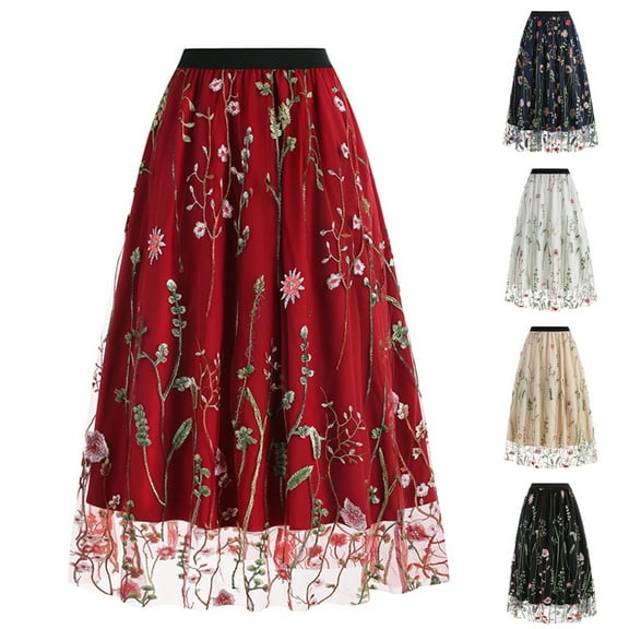 Luxalzxs Women Vintage Floral Embroidered Mesh Tulle Midi Skirt 50s Party Elastic High Waist A-line Layered Swing Skirts