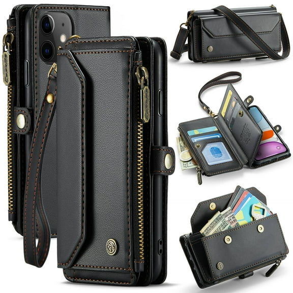 Crossbody for iPhone 11 Case Wallet【RFID Blocking】with 7-Card Holder Zipper Bills Slot, Soft PU Leather Magnetic Shoulder Wrist Strap for iPhone 11 Wallet Case Women