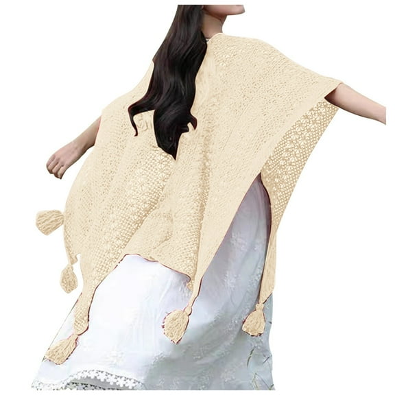 Fgnfyis Elegant Winter Shawl Wraps For Women Knitted Cardigan Poncho Cape Open Front Soft Tassel Sweater Beige One Size