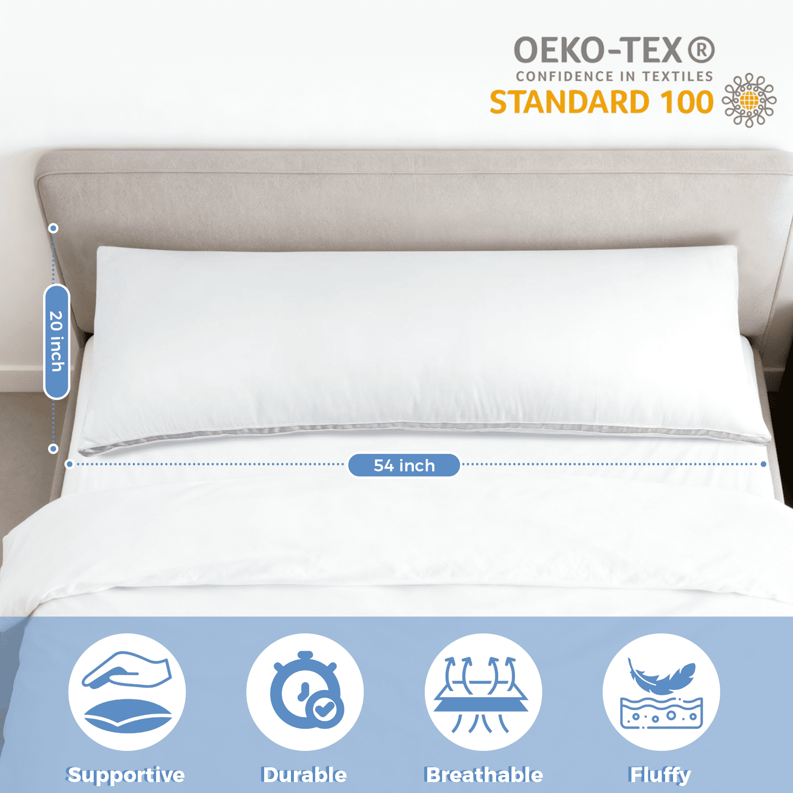 COOKEY Body Pillow for Adults 20"x54" – Firm & Supportive Long Pillow for Bed, White
