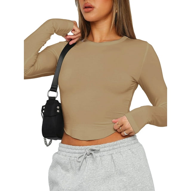 xiaxaixu T-Shirts Courts Ajustés pour Femmes Manches Longues Col Rond Ourlet Incurvé Couleur Unie Blouses Habillées