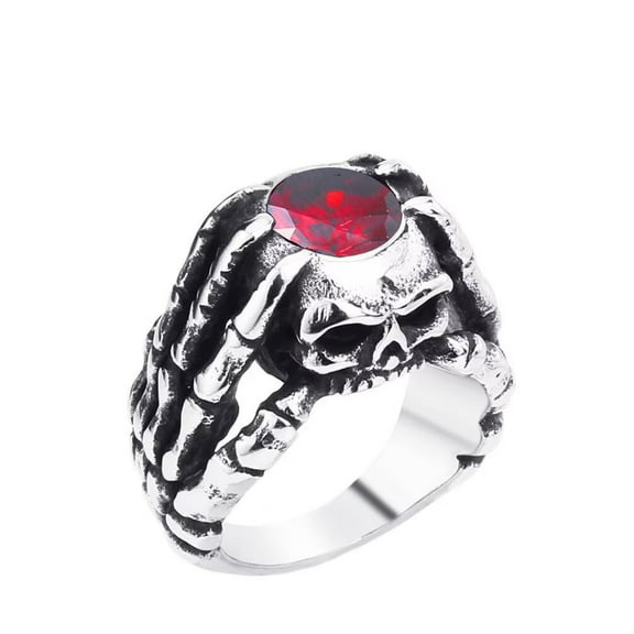 PAMTIER Men's Stainless Steel Dragon Claw Terrible Skull Head Ring with Gemstone Vintage Gothic Biker Punk Rock Silver Black Tone Size 9