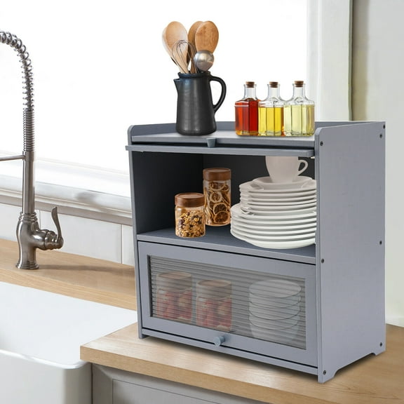 Countertop Storage Cabinet, Modern Cabinet 20.5*9.8*19.7in for Condiments, Plates, Bowls, Aromatherapy 2 Tiers Gray Storage Cabinet