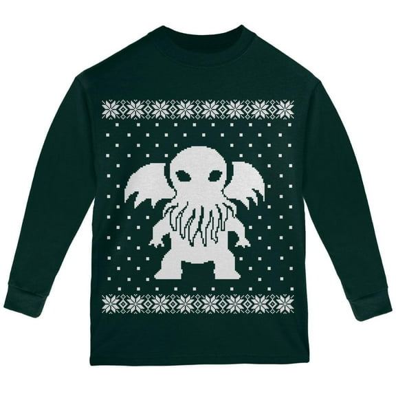 Big Cthulhu Ugly XMAS Sweater Forest Youth Long Sleeve T-Shirt - Large