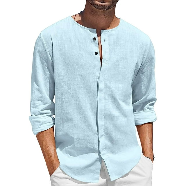 Camisa informal de playa de manga larga con botones para hombre, de algodón y lino, para el verano - Color liso, corte holgado, para todas las estaciones