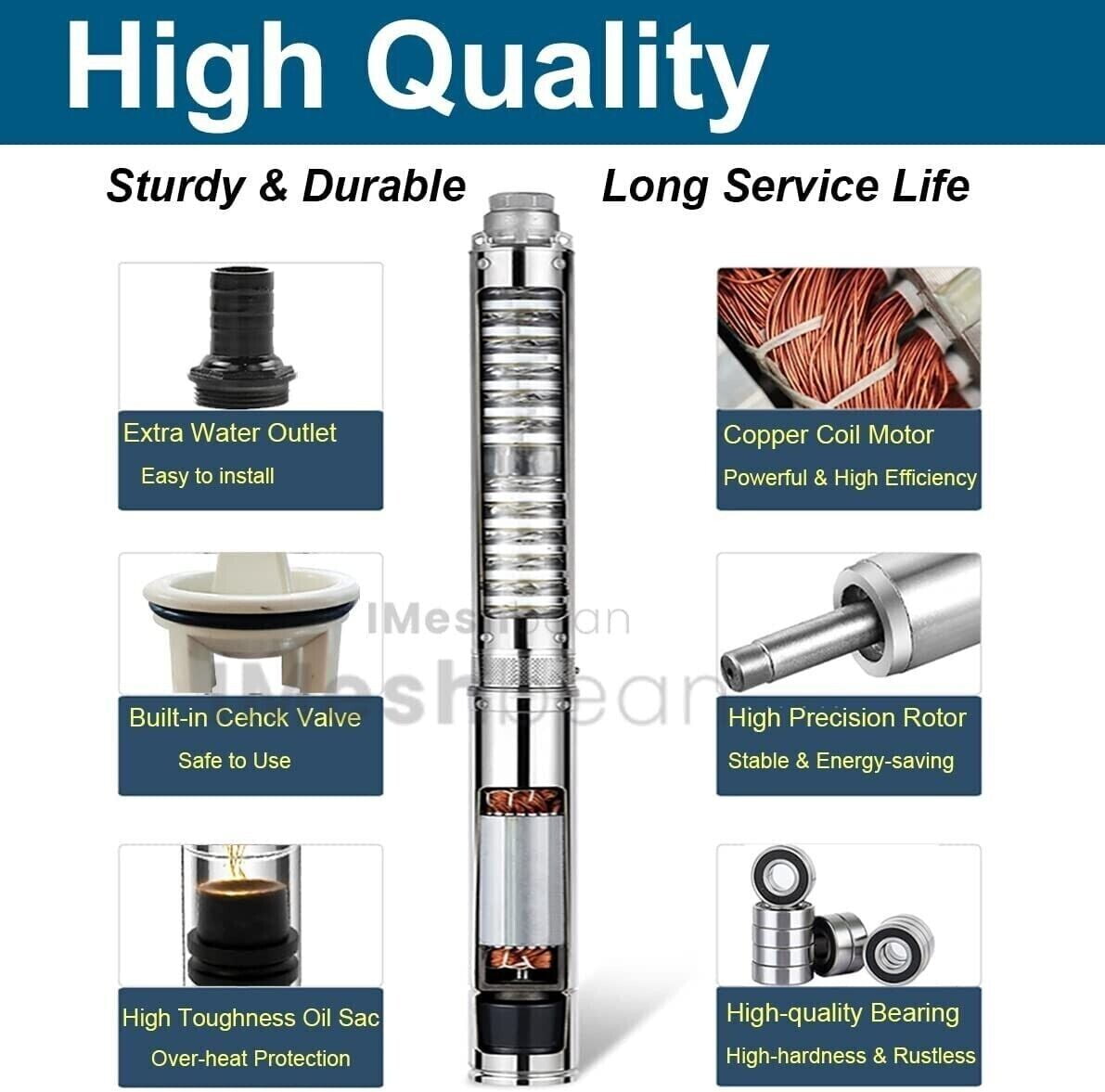 iMeshbean Deep Submersible Well Pump 1HP 35GPM 207ft Head with 100ft Electric Cable,110V 1-1/4" NPT Stainless Steel Water Pump 4" Water Pumps for Industrial, Irrigation and Home Use