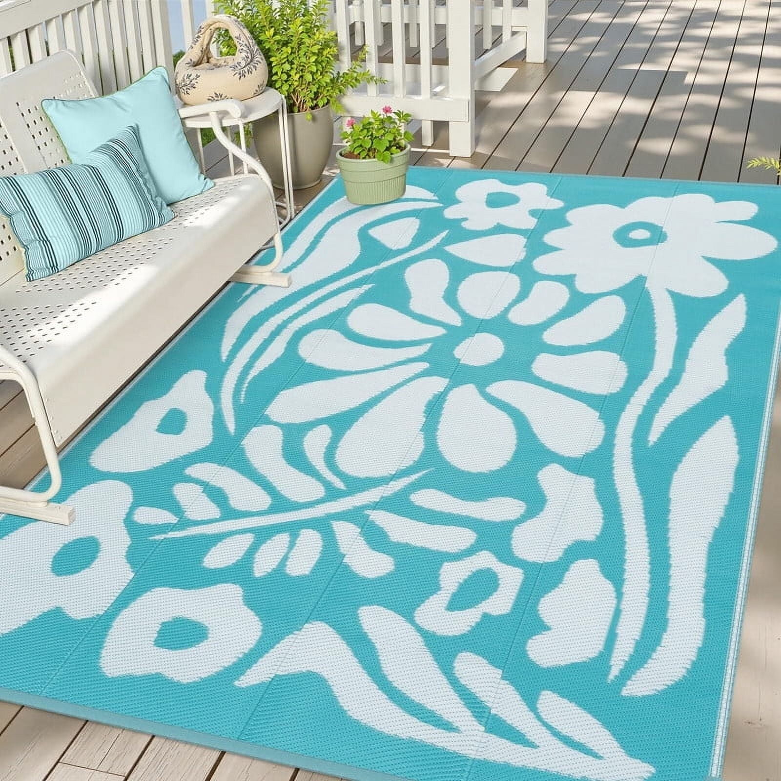 Wonnitar 6x9 Outdoor Rug Waterproof, Plastic Straw RV Rugs for Outside, Large Portable RV Outdoor Carpet，Blue Floral Rug for Picnic Garden Patio